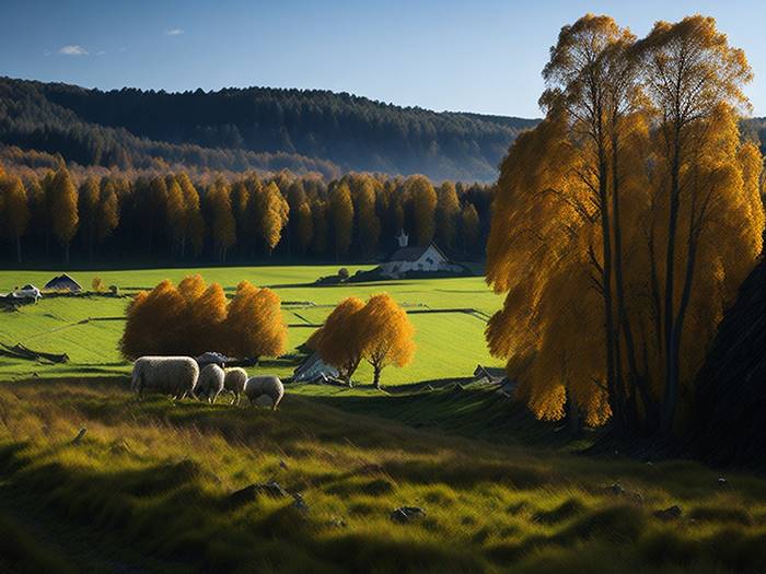 Овцы возле деревни осенью