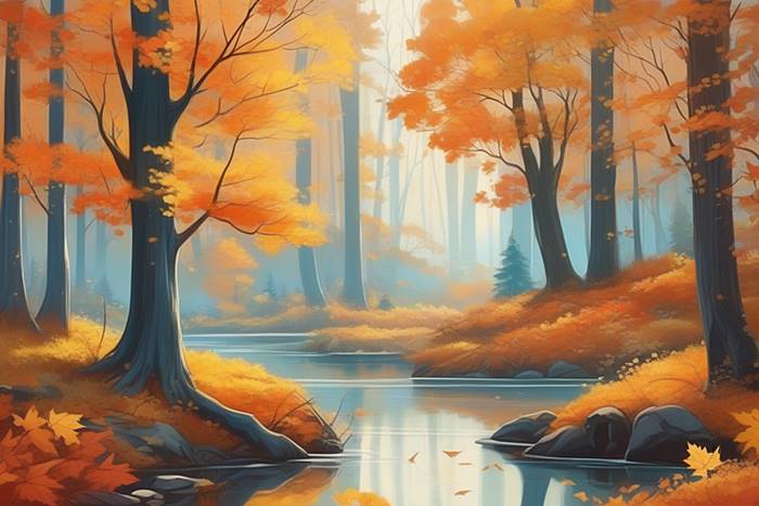 Красивый лес и река осенью
