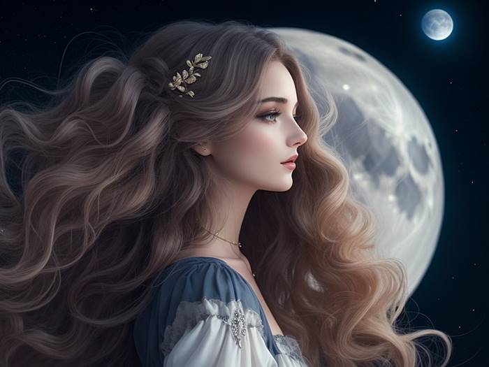 Девушка с красивыми волосами на фоне Луны
