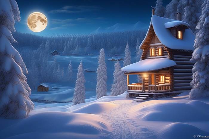 Деревенский дом в зимнюю ночь