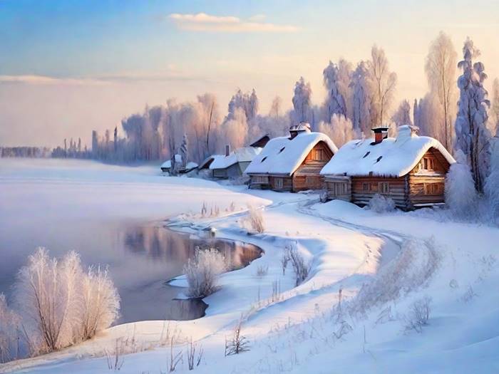Деревня зимой на краю леса
