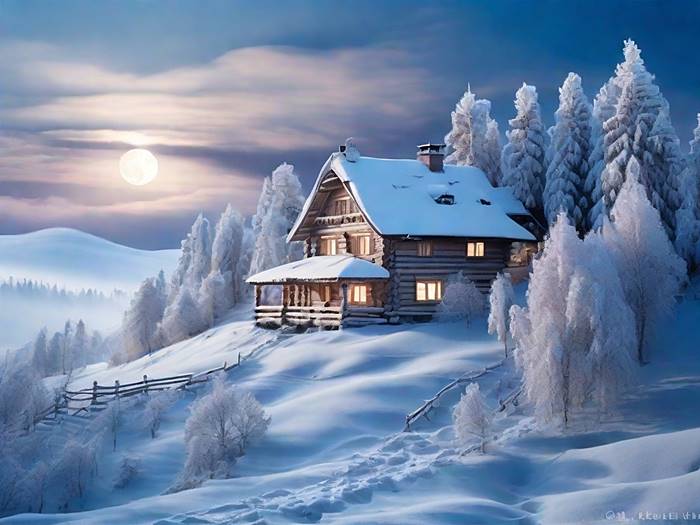 Деревенский дом на краю зимнего леса