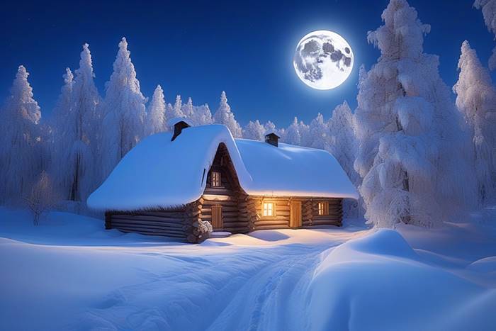 Лунная зимняя ночь в деревне