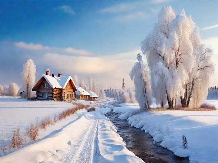 Снег в деревне зимой