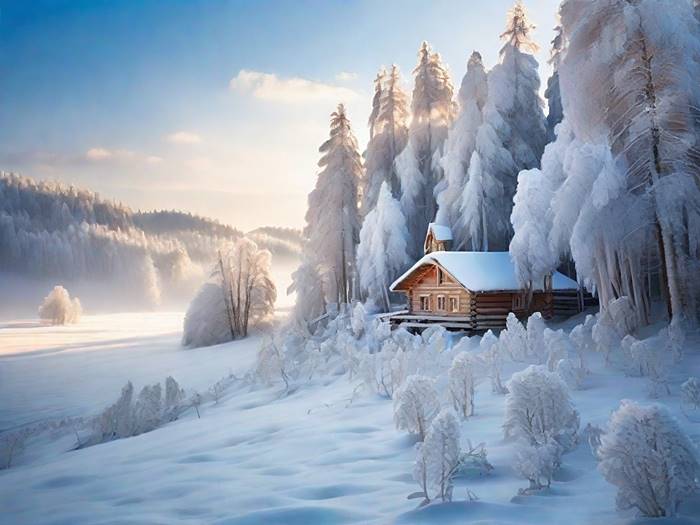Деревенский дом на окраине леса зимой