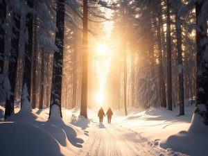 Яркий рассвет в зимнем лесу