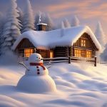 Снеговик возле деревенского дома