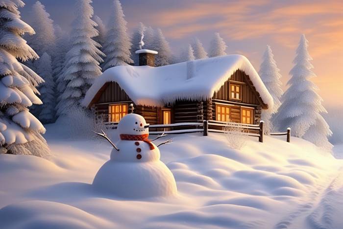 Снеговик возле деревенского дома