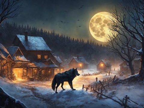 Волк на краю деревни зимой