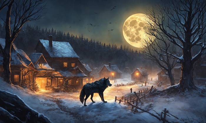 Волк на краю деревни зимой
