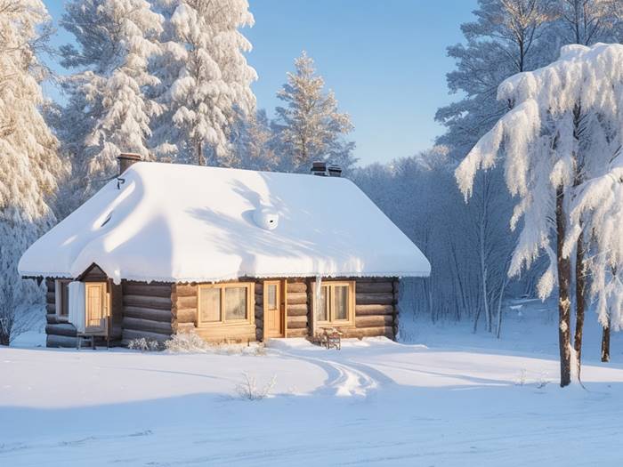 Деревянный дом зимой на краю леса