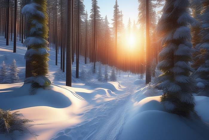 Красивый закат в зимнем лесу