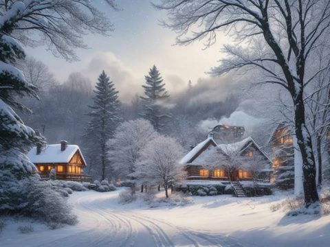 Деревенские дома на окраине леса зимой