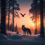Волк в зимнем лесу на закате