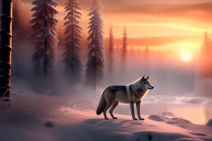 Волк в лесу на закате