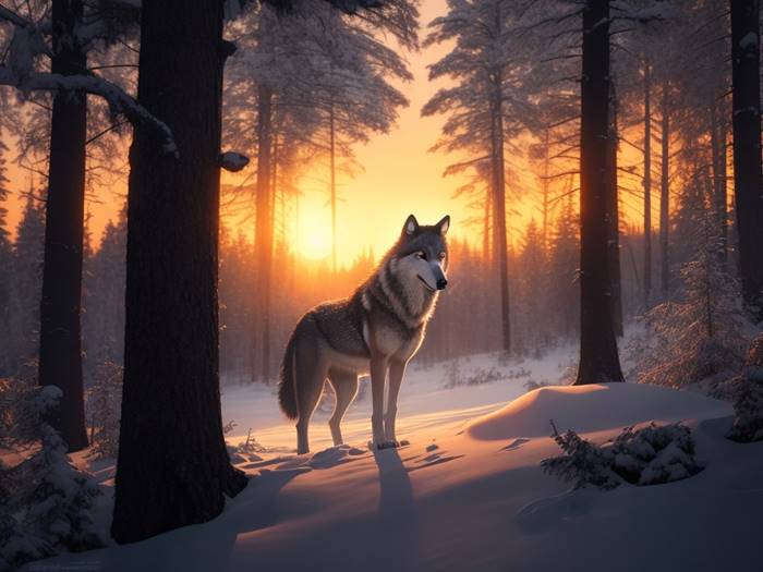 Волк в зимнем лесу на закате