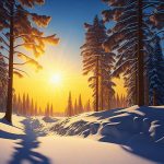 Закат солнца в зимнем лесу