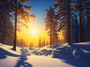 Закат солнца в зимнем лесу