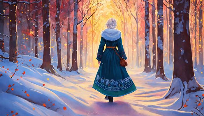 Девушка идёт по снегу в лесу