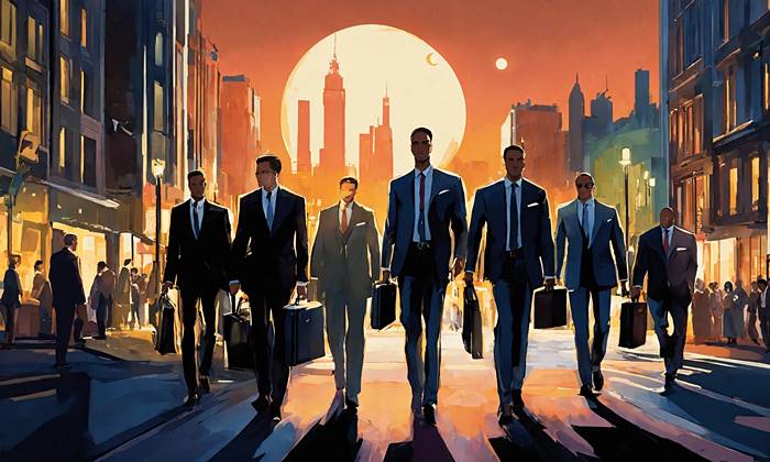Бизнесмены идут по городу на фоне луны