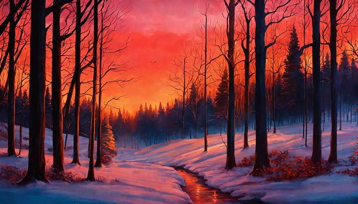 Красный закат зимой в лесу