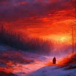 Красный закат в зимнем лесу
