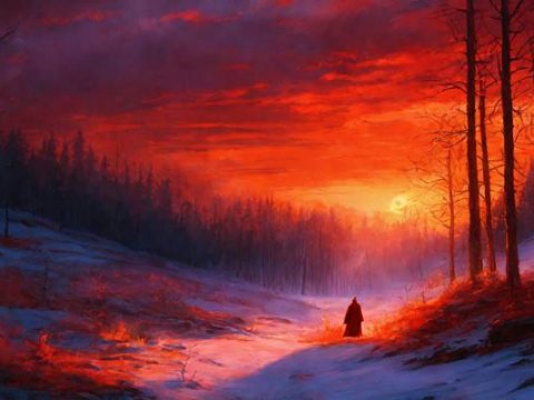 Красный закат в зимнем лесу