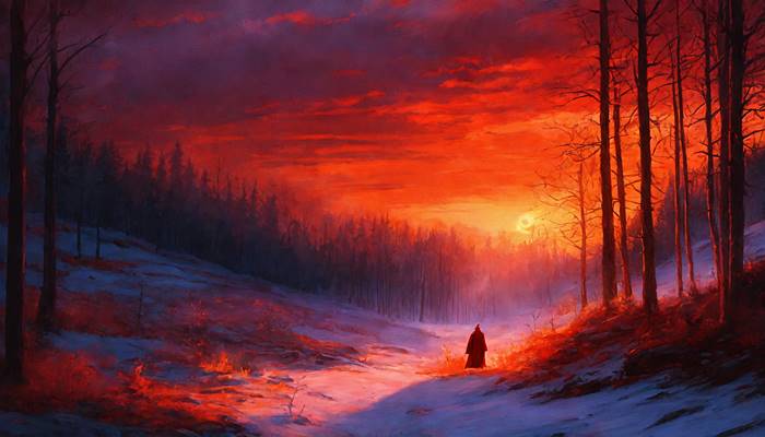Красный закат в зимнем лесу