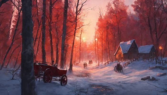 Деревня зимой на закате