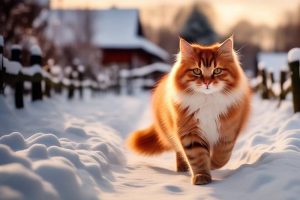 Кошка на деревенской улице зимой