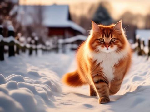 Кошка на деревенской улице зимой