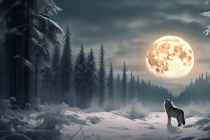 Волк в ночном зимнем лесу