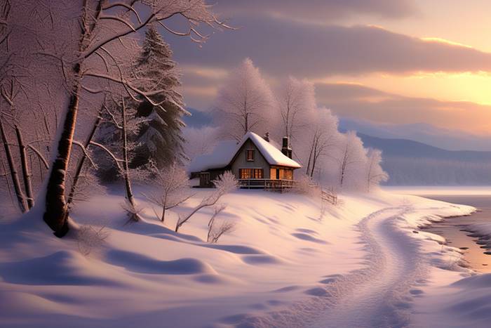 Деревенский дом в зимнем лесу