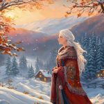 Девушка в зимнем лесу на краю деревни