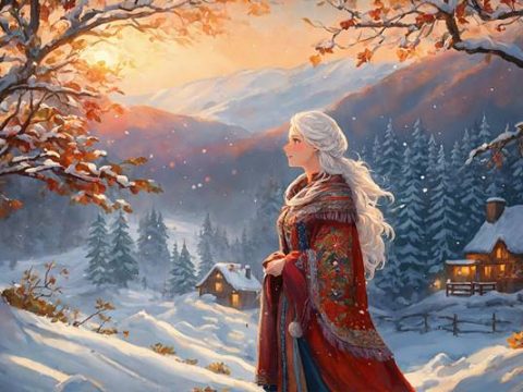 Девушка в зимнем лесу на краю деревни