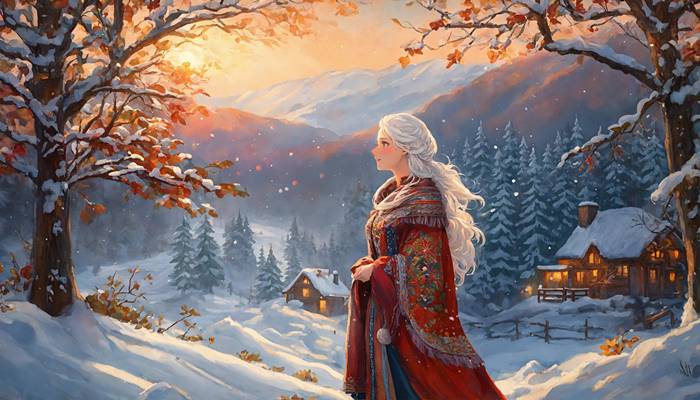 Девушка в зимнем лесу на краю деревни