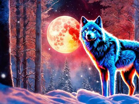 Волк в зимнем лесу на фоне Полнолуния