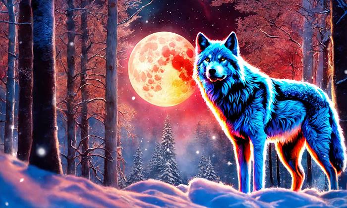 Волк в зимнем лесу на фоне Полнолуния
