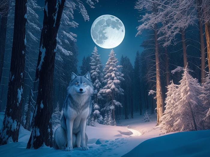 Одинокий волк в лесу и Луна