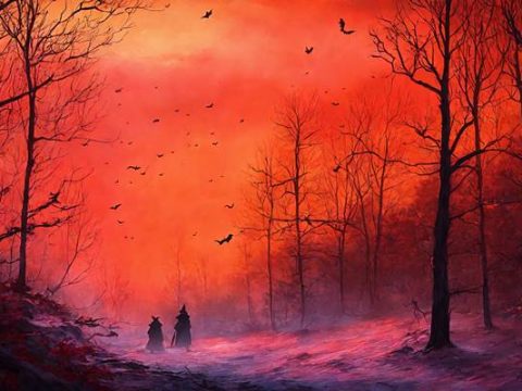 Красный закат зимой в лесу