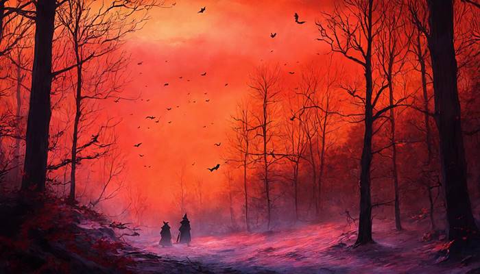 Красный закат зимой в лесу