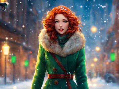 Рыжеволосая девушка зимой в городе