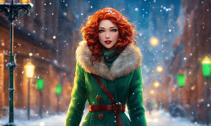Рыжеволосая девушка зимой в городе