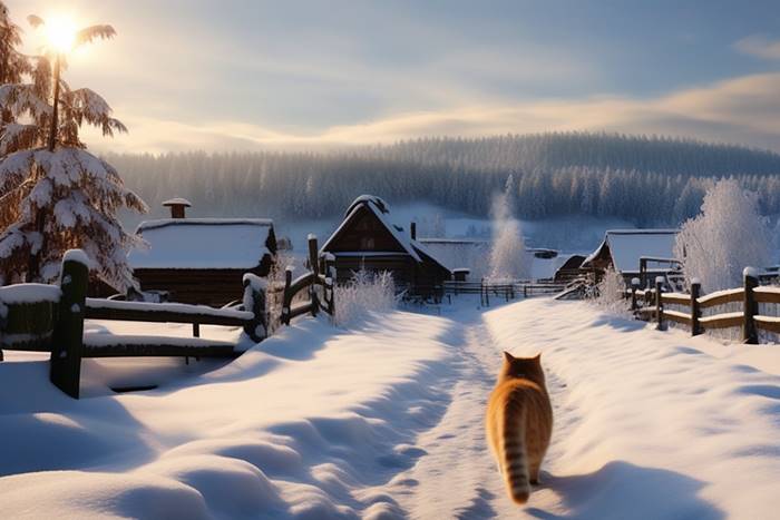 Кошка идёт по деревенской тропинке зимой