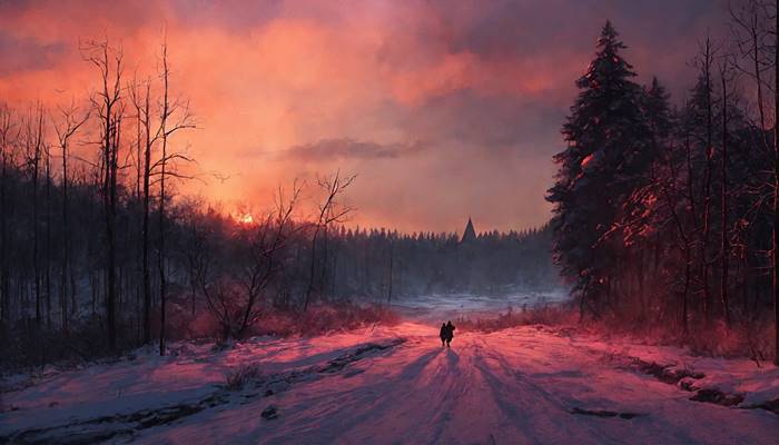Закат солнца в зимнем лесу