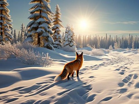 Лиса зимой на дороге