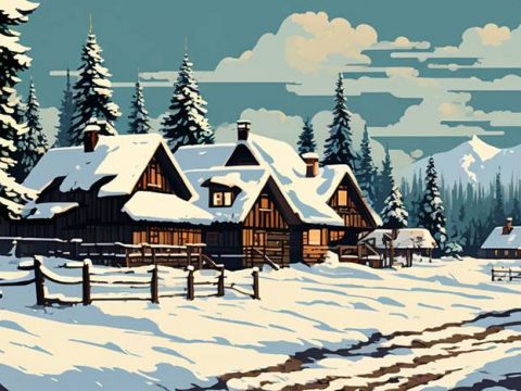 Деревенский пейзаж в феврале