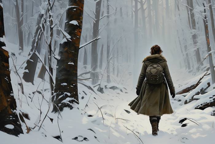 Девушка идёт по зимнему лесу