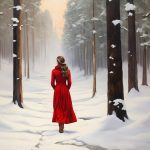 Девушка в красном гуляет в зимнем лесу