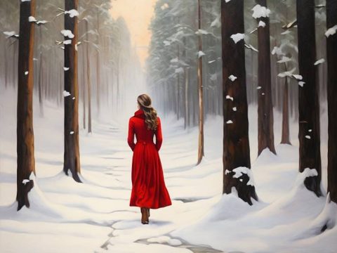 Девушка в красном гуляет в зимнем лесу